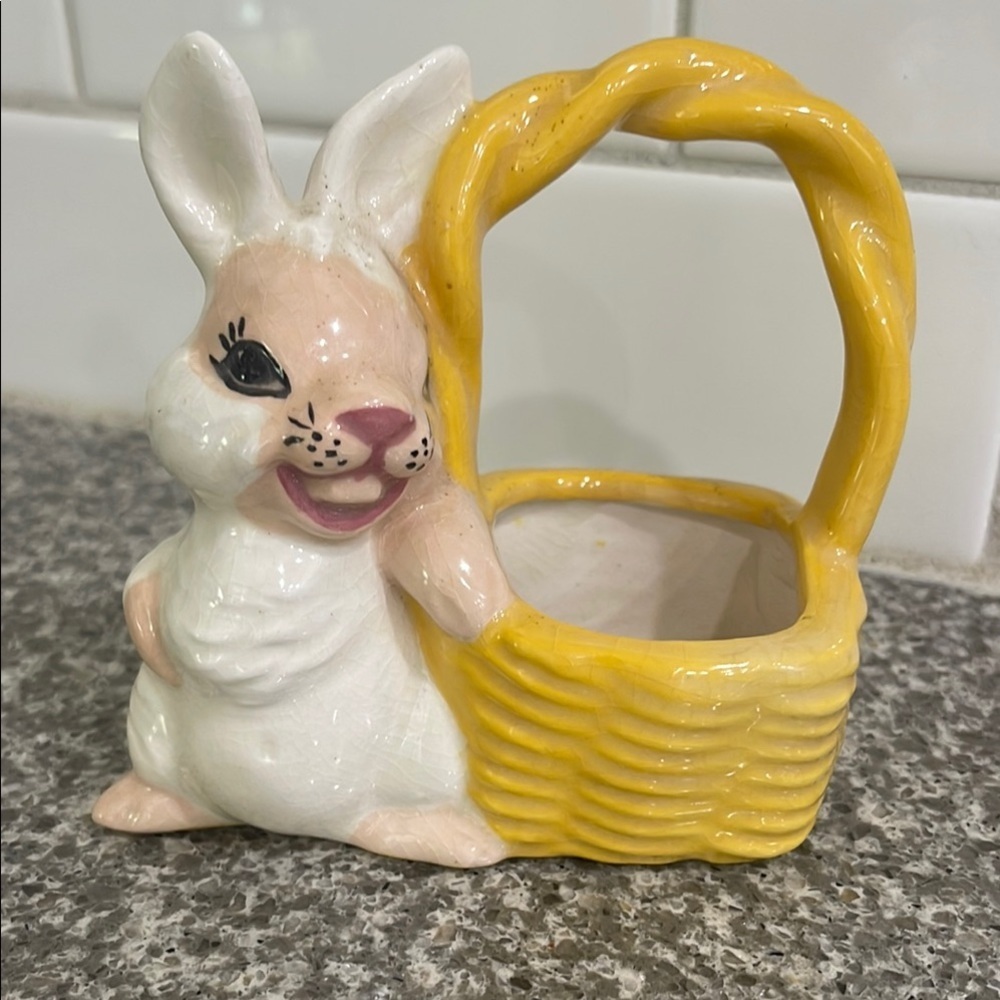 Vintage Ceramic Bunny with Yellow Basket